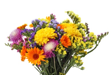 Photo of Bunch of beautiful wild flowers on white background