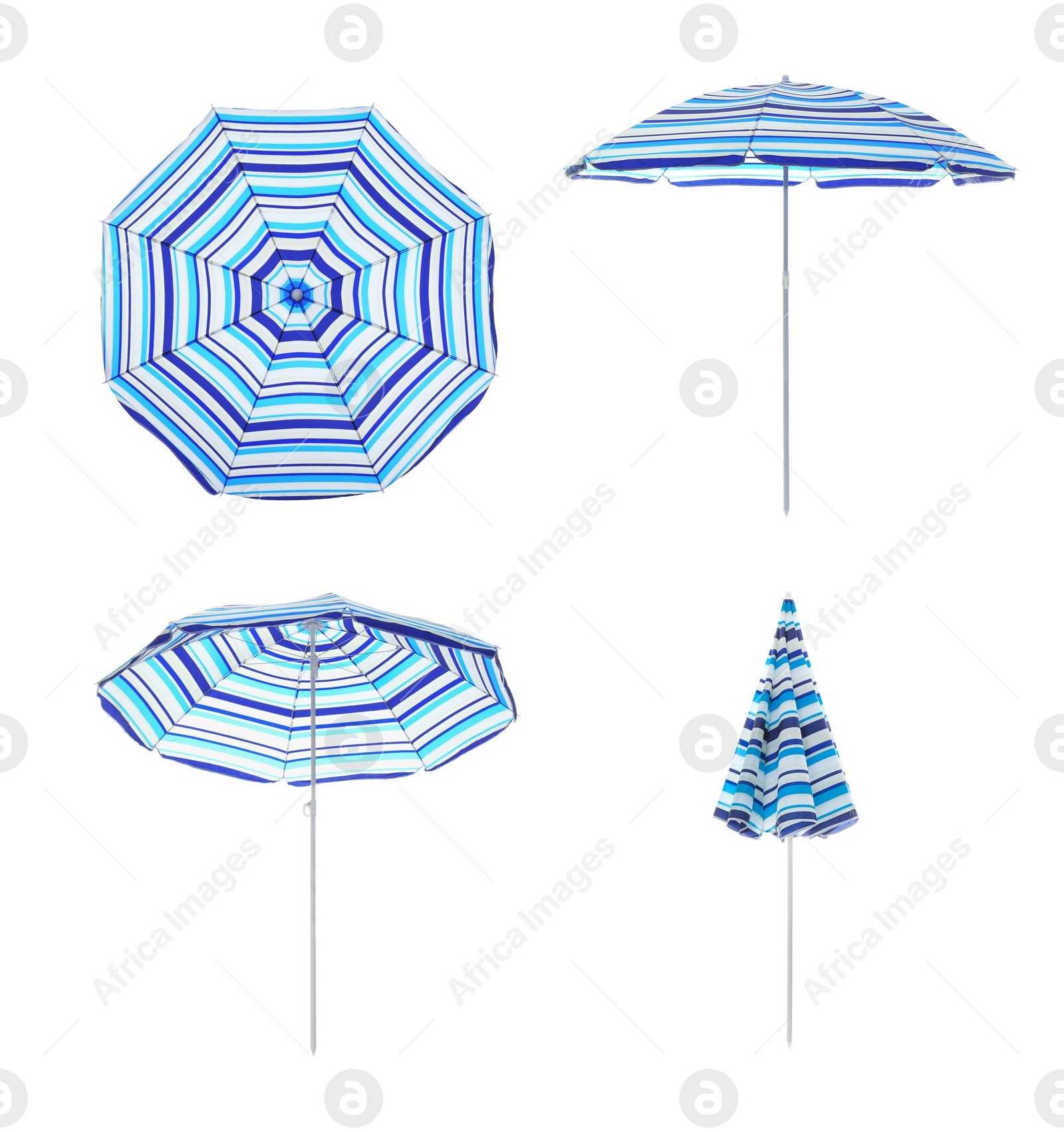 Image of Set with striped beach umbrellas on white background