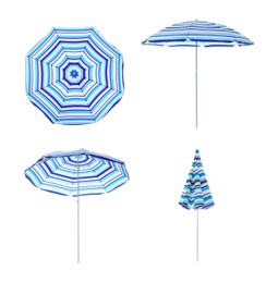 Image of Set with striped beach umbrellas on white background