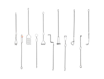 Photo of Set of logopedic probes on white background, top view. Speech therapist's tools