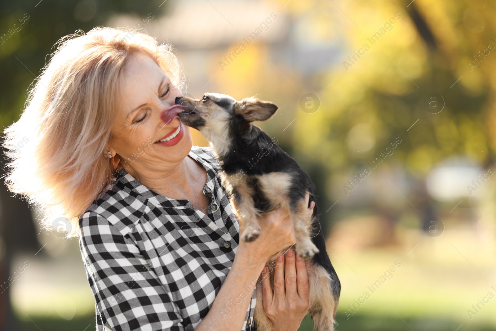 Photo of Beautiful mature woman with cute dog in park