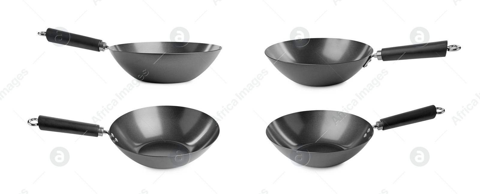 Image of Empty metal woks isolated on white, set