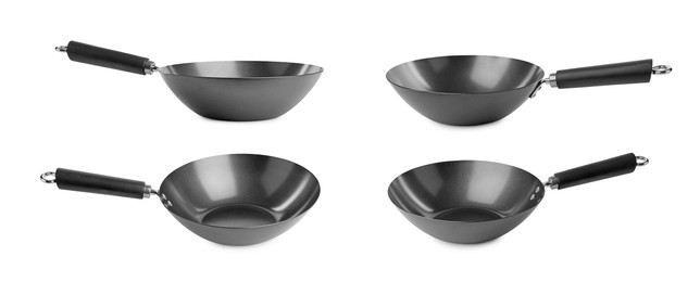 Image of Empty metal woks isolated on white, set