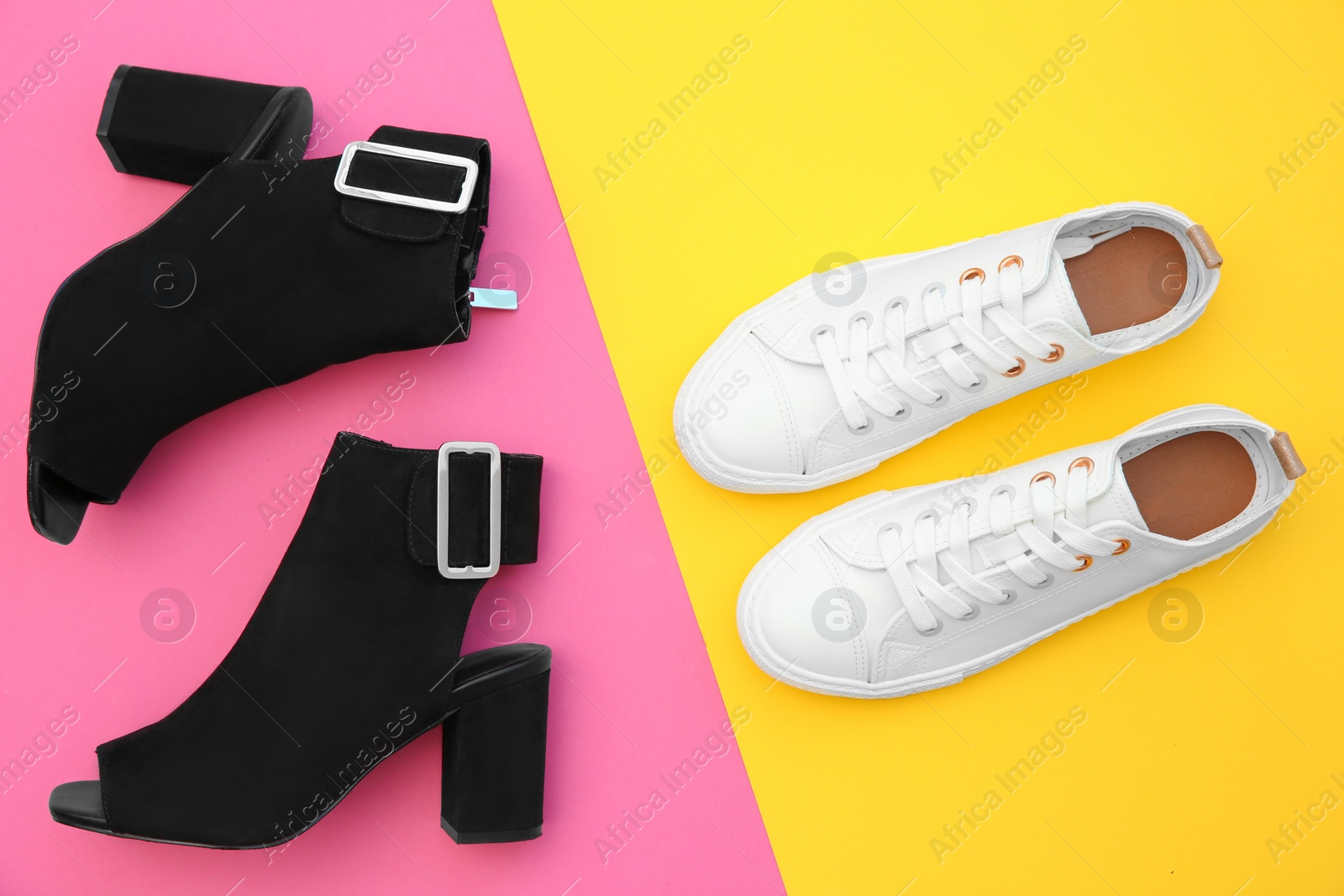 Photo of Different female shoes on color background