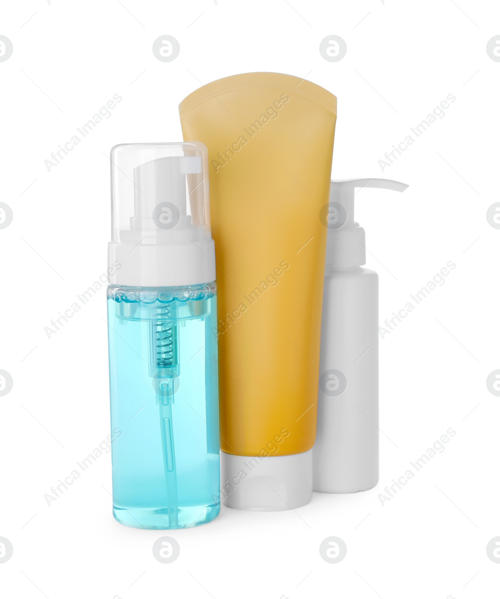 Photo of Different cleansers isolated on white. Cosmetic product