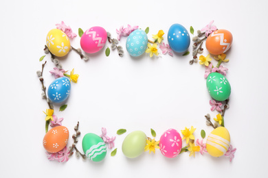 Photo of Frame made with Easter eggs on white background, flat lay. Space for text