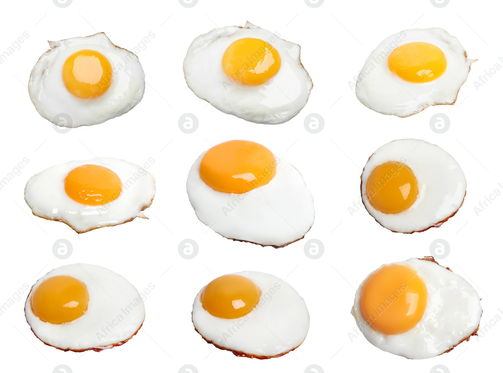 Image of Set with tasty fried eggs on white background