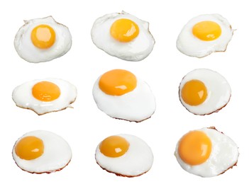 Set with tasty fried eggs on white background