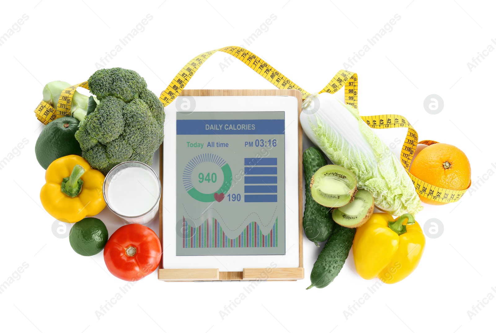 Photo of Tablet with weight loss calculator application, measuring tape and food products on white background, top view