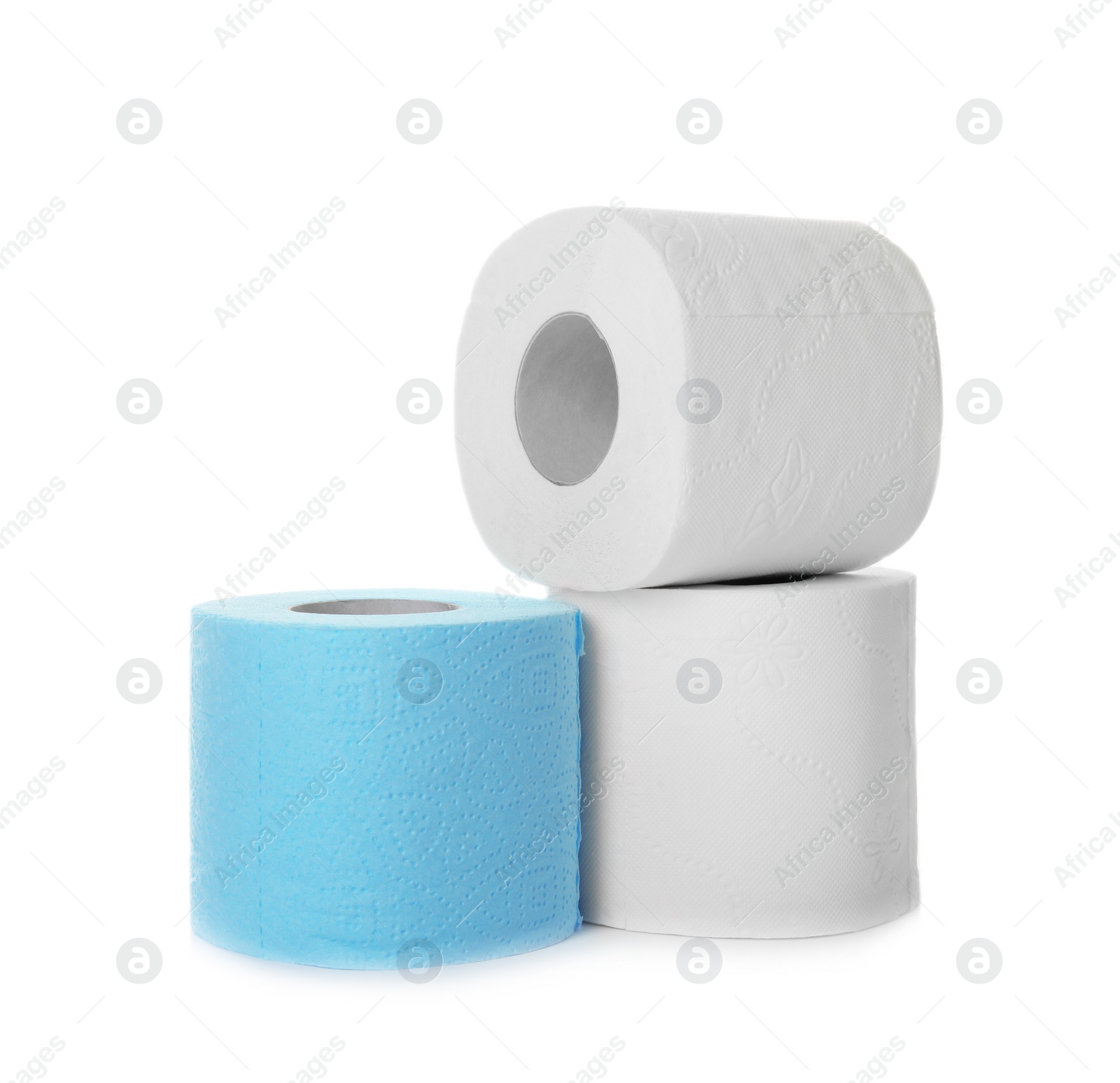 Photo of Rolls of toilet paper on white background