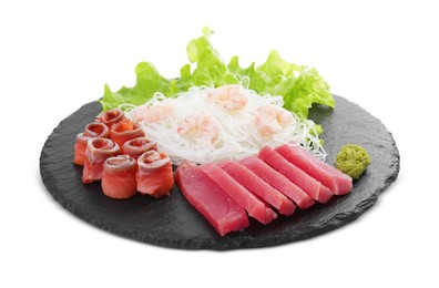 Photo of Sashimi set (raw tuna, salmon slices and shrimps ) served with funchosa, lettuce and vasabi isolated on white