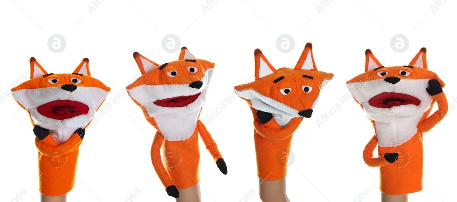 Image of Puppet show. Collage with photos of fox doll on hand against white background, banner design