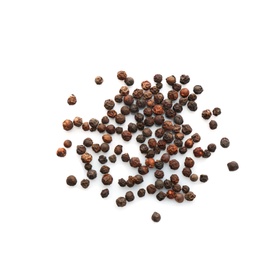 Black pepper grains on white background, top view. Natural spice