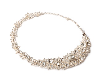 Photo of Stylish necklace with gemstones isolated on white. Luxury jewelry