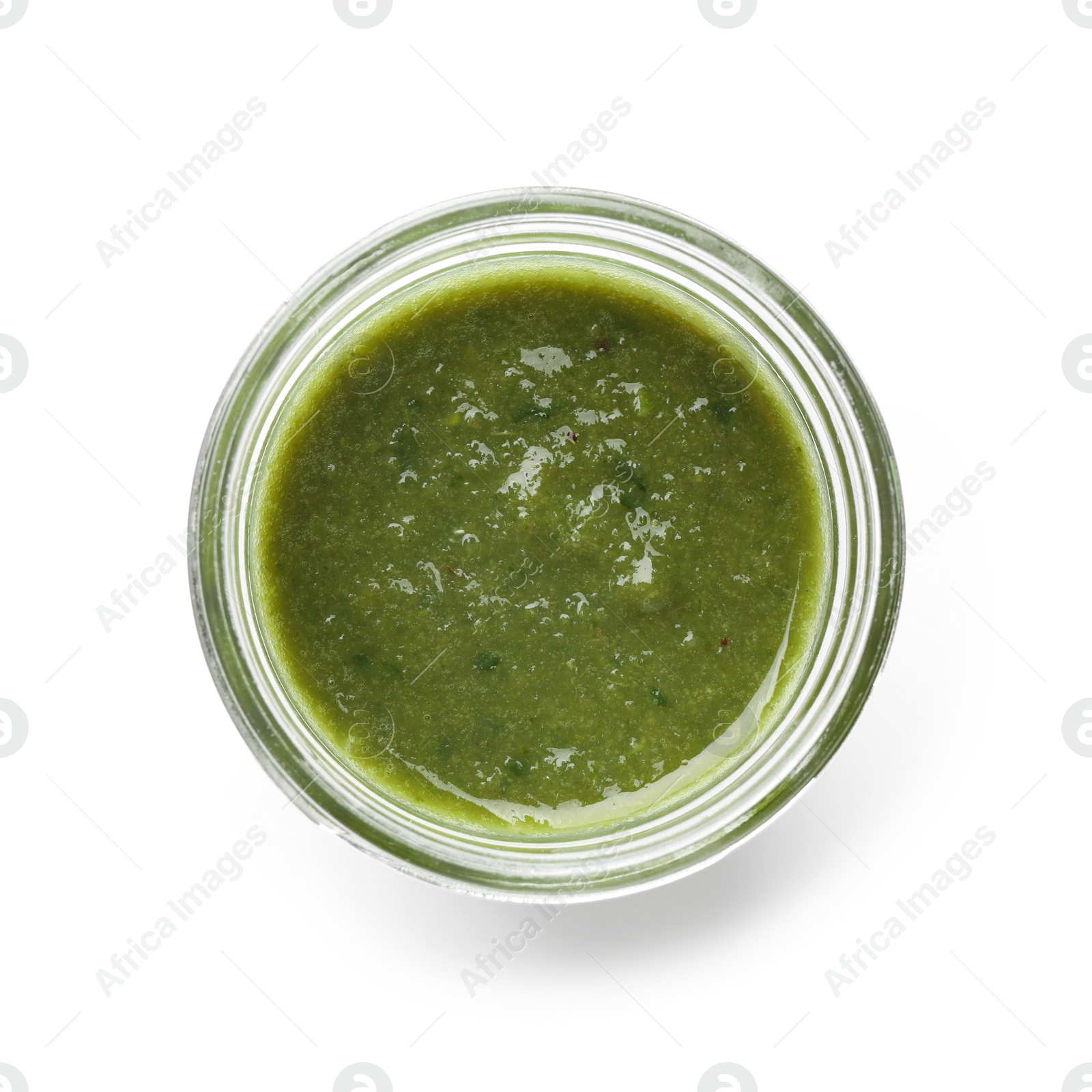 Photo of Delicious fresh green juice in glass on white background, top view