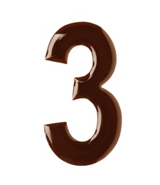 Chocolate number 3 on white background, top view