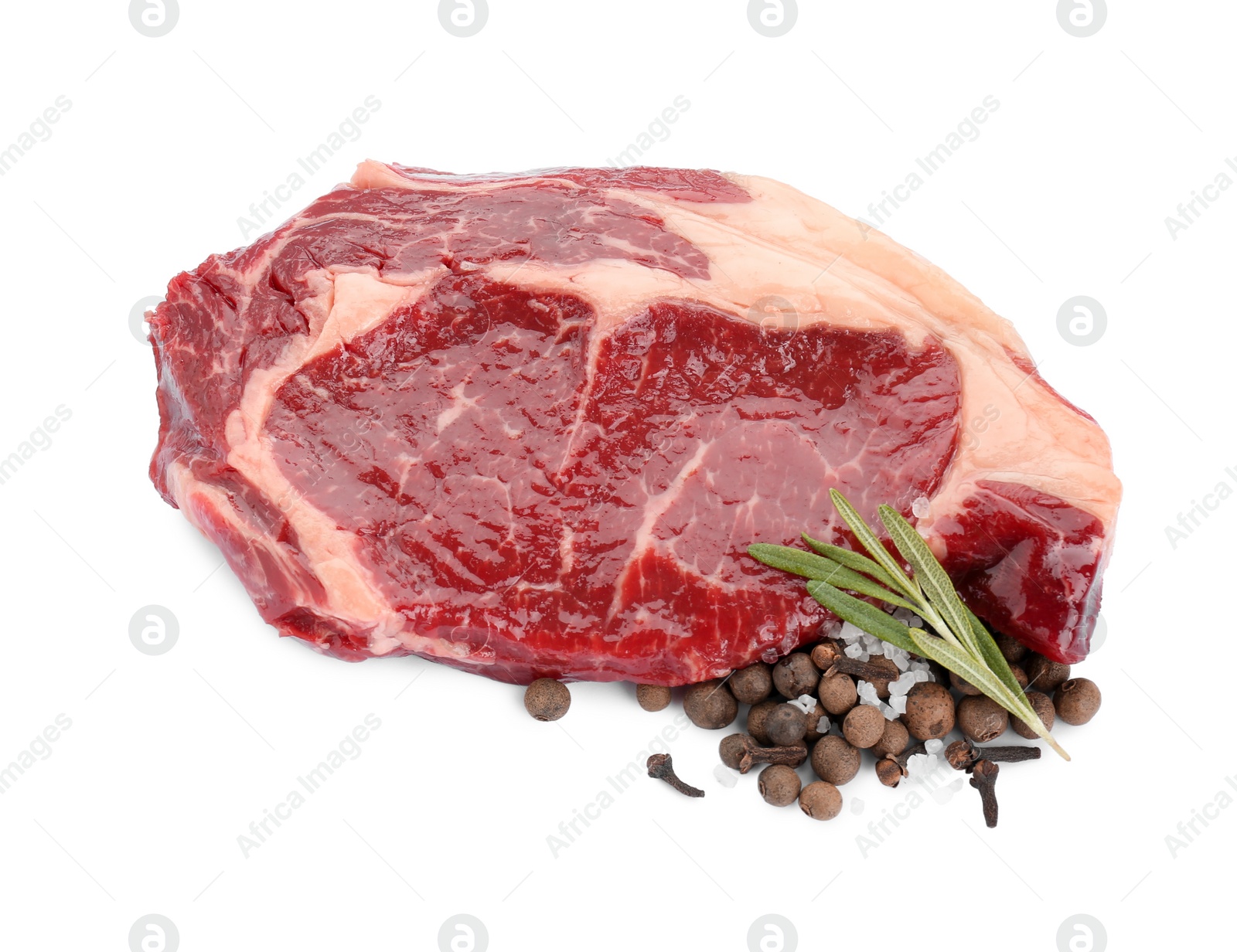 Photo of Piece of fresh beef meat, rosemary and spices on white background, top view