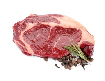 Piece of fresh beef meat, rosemary and spices on white background, top view