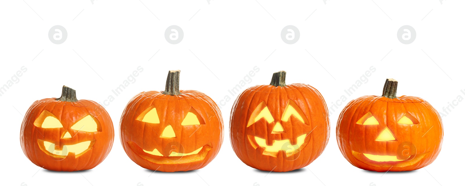 Image of Set of carved Halloween pumpkins on white background. Banner design