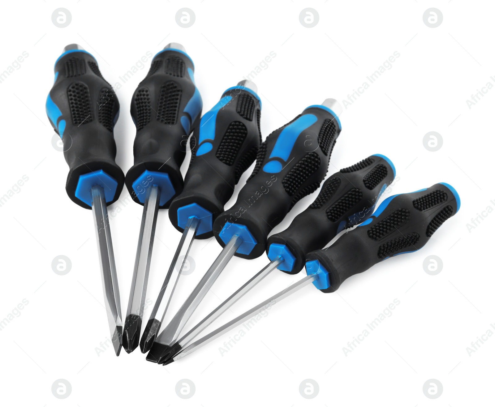 Photo of Set of screwdrivers with blue handles isolated on white