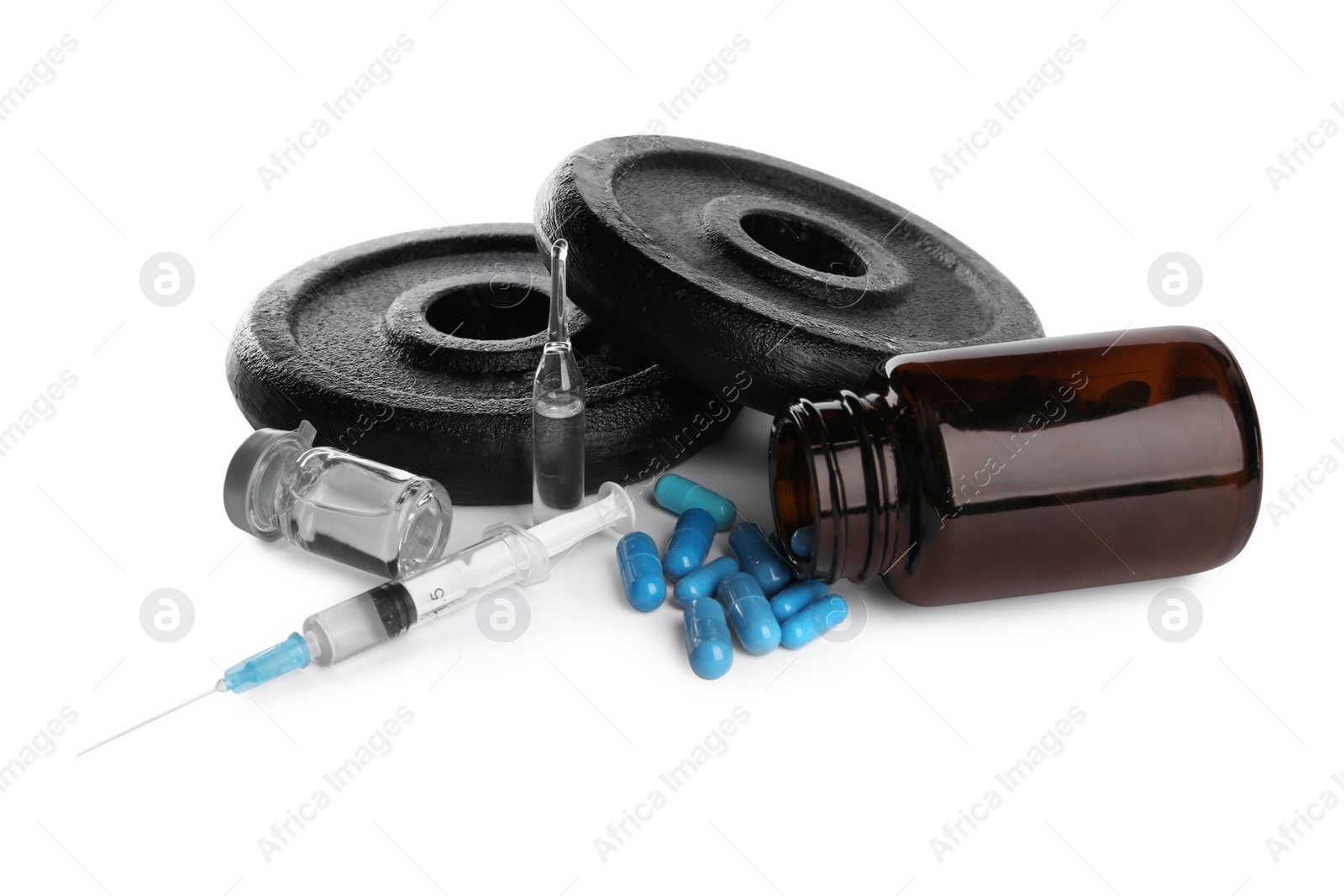 Photo of Different drugs and sports equipment on white background. Doping control