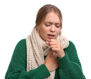 Photo of Young woman suffering from cold on white background