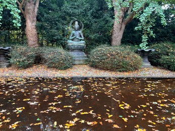 Photo of View of Buddha statue near lake in autumn park