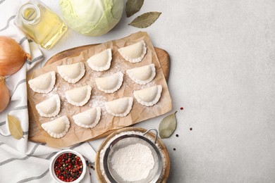 Raw dumplings (varenyky) with tasty filling and ingredients on light grey table, flat lay. Space for text