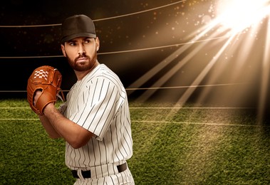 Professional baseball player with glove on stadium. Space for text