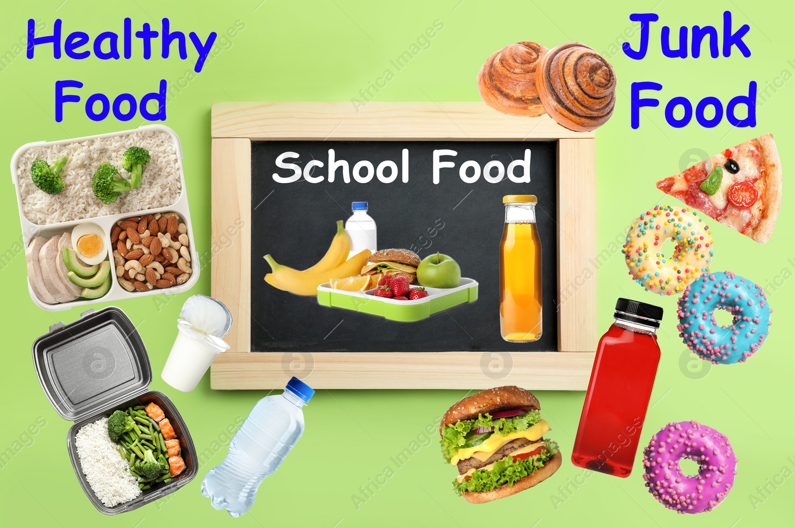 Image of School food, healthy or junk. Different products as variants for lunch 