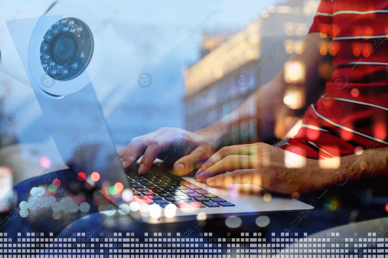 Image of Multiple exposure of man with laptop, cctv camera and city at evening