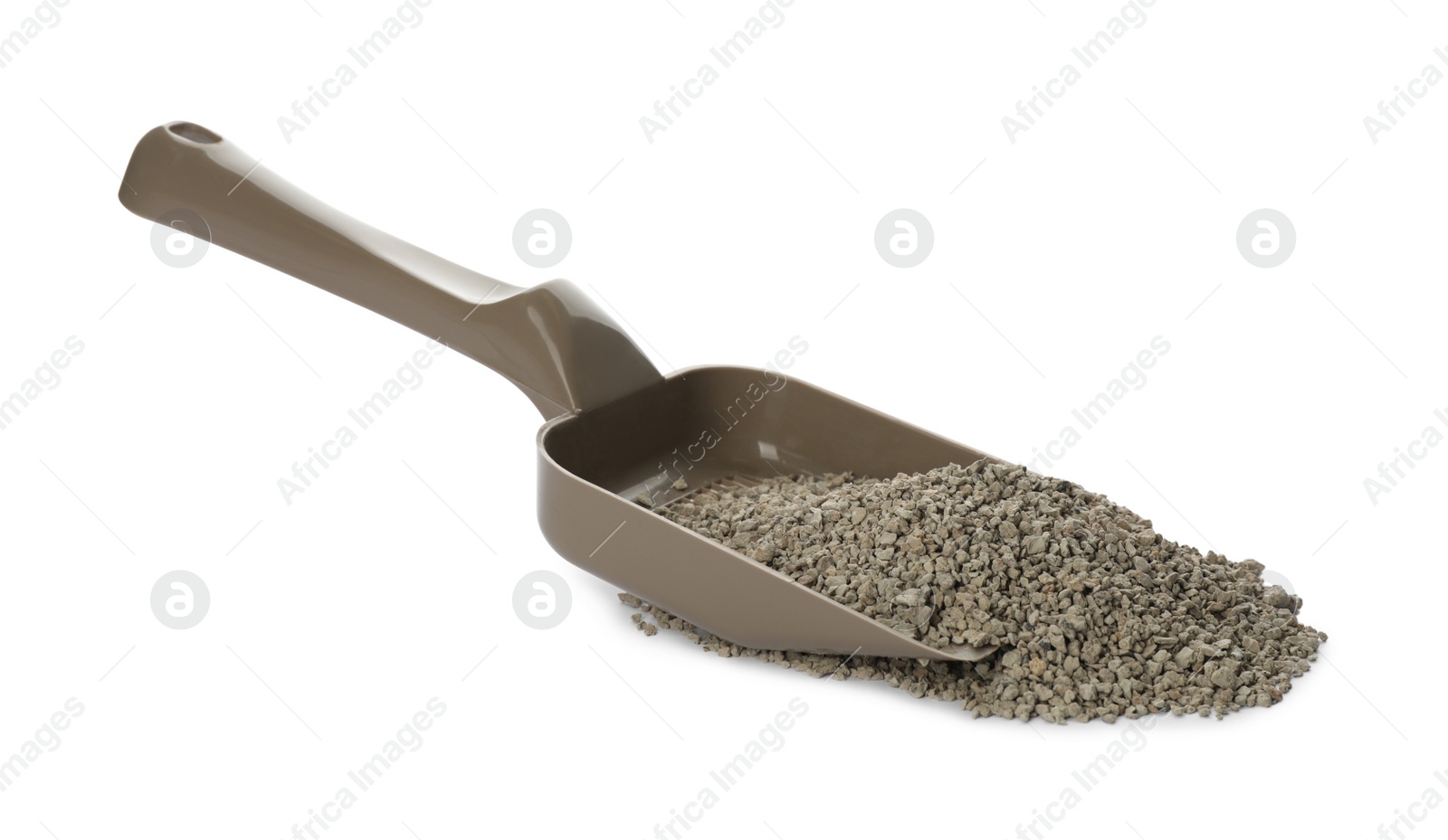 Photo of Plastic scoop with cat litter isolated on white