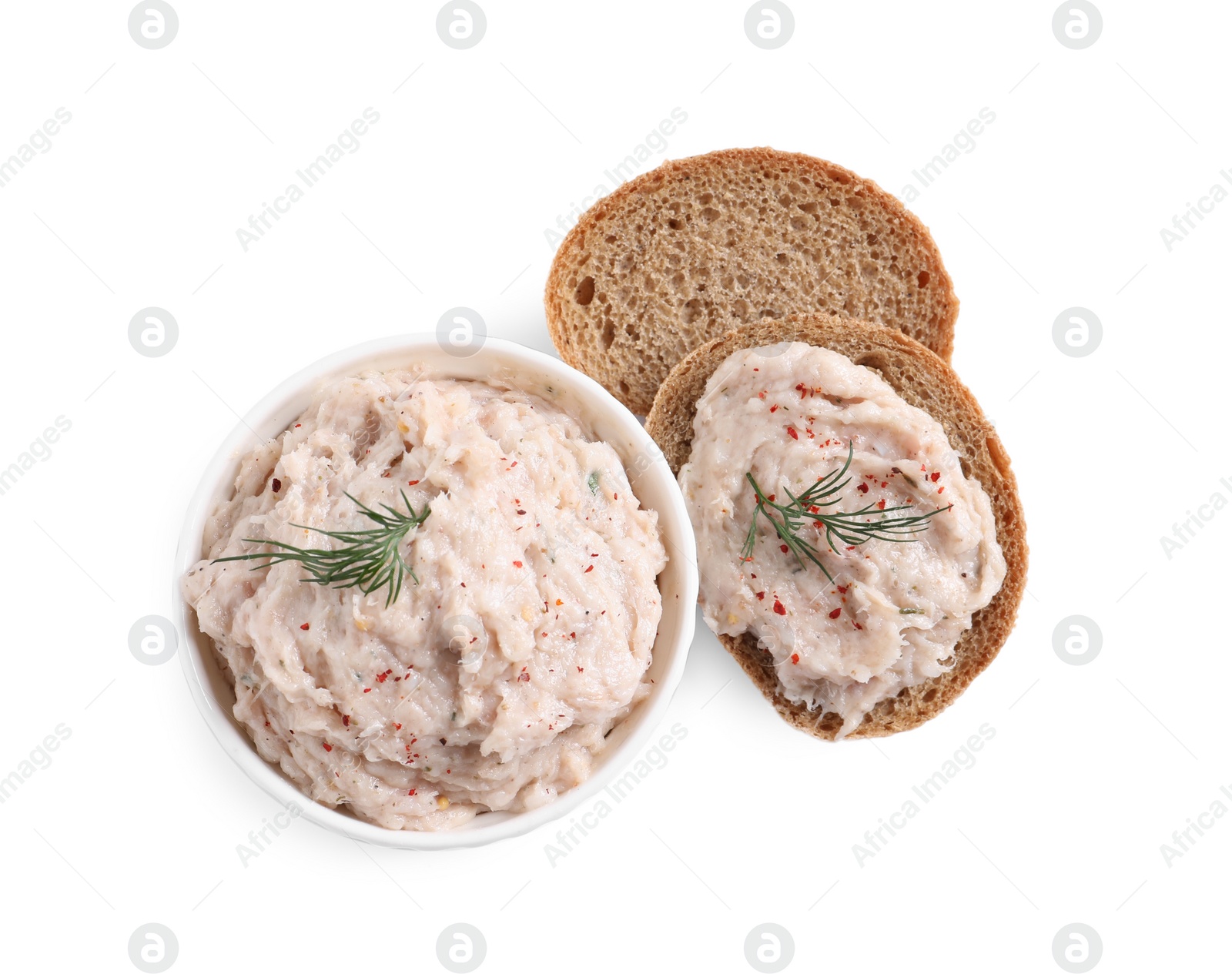 Photo of Delicious lard spread and sandwich on white background, top view