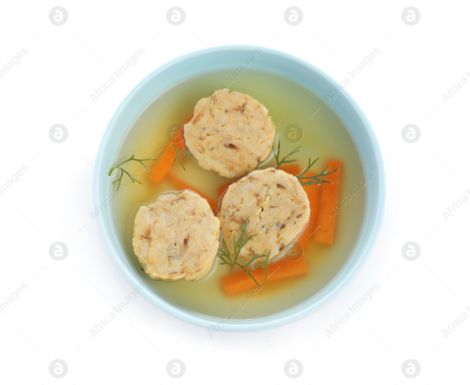 Photo of Bowl of Jewish matzoh balls soup isolated on white, top view