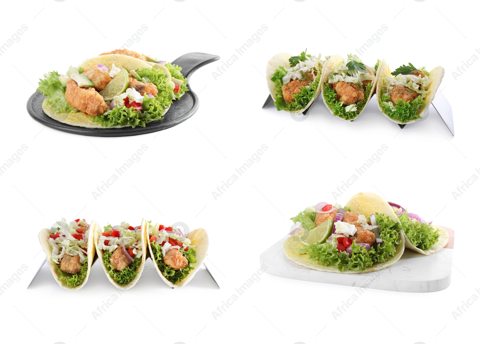 Image of Set of delicious fresh fish tacos on white background