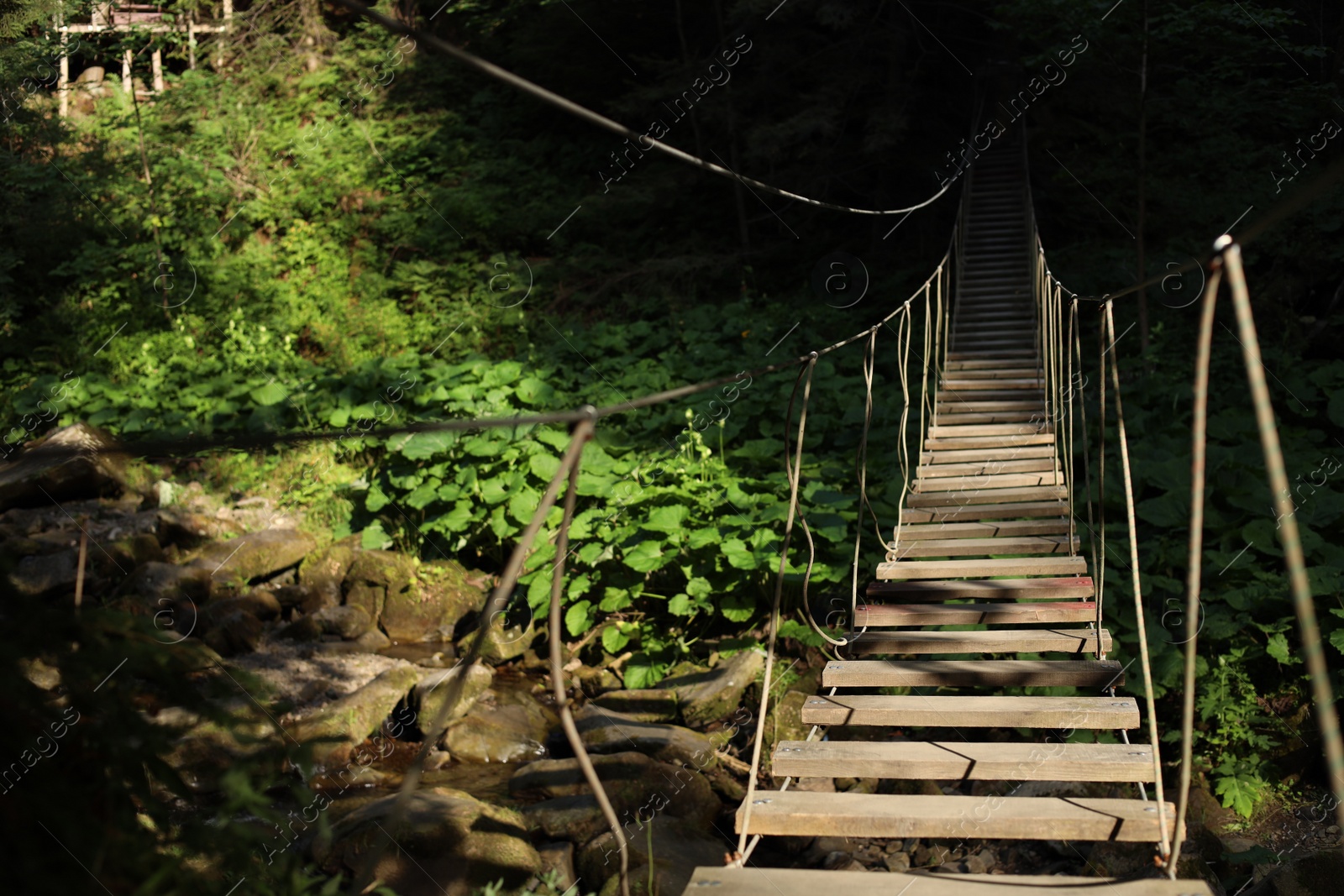 Photo of Wooden suspension bridge over mountain river on sunny day