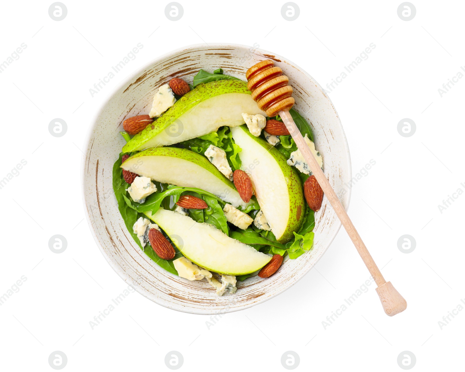 Photo of Delicious pear salad in bowl and dipper isolated on white, top view