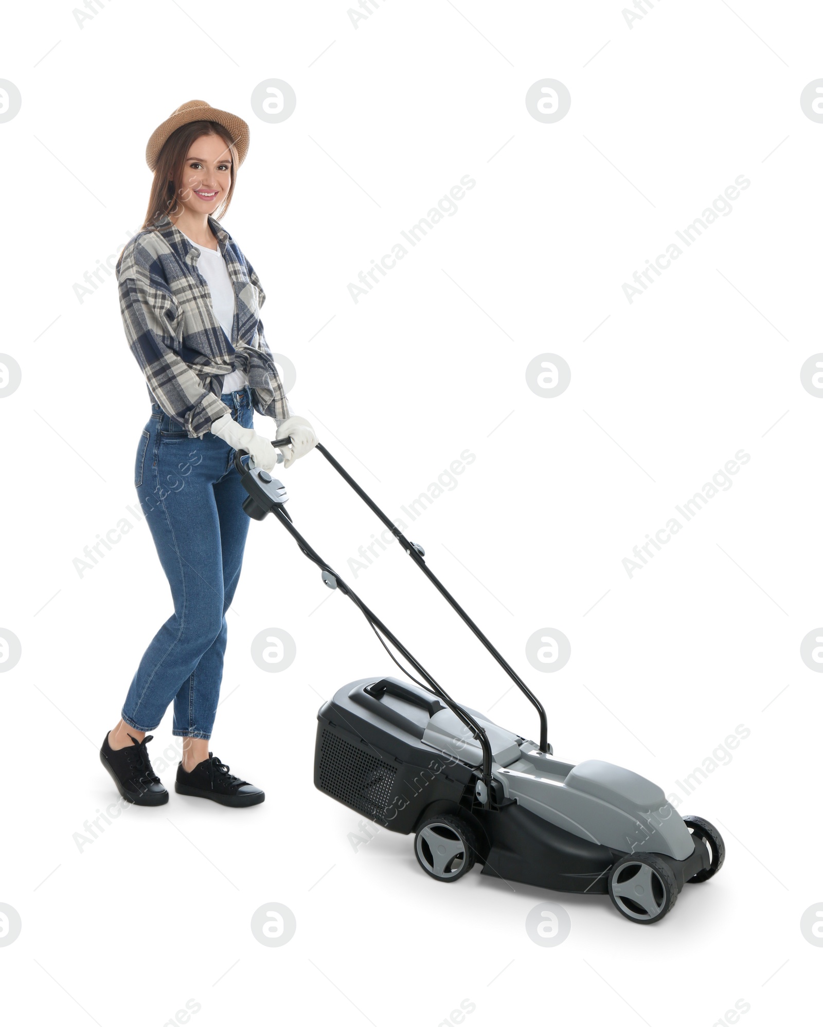 Photo of Young woman with modern lawn mower on white background