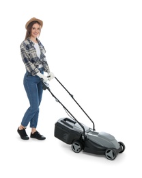 Young woman with modern lawn mower on white background