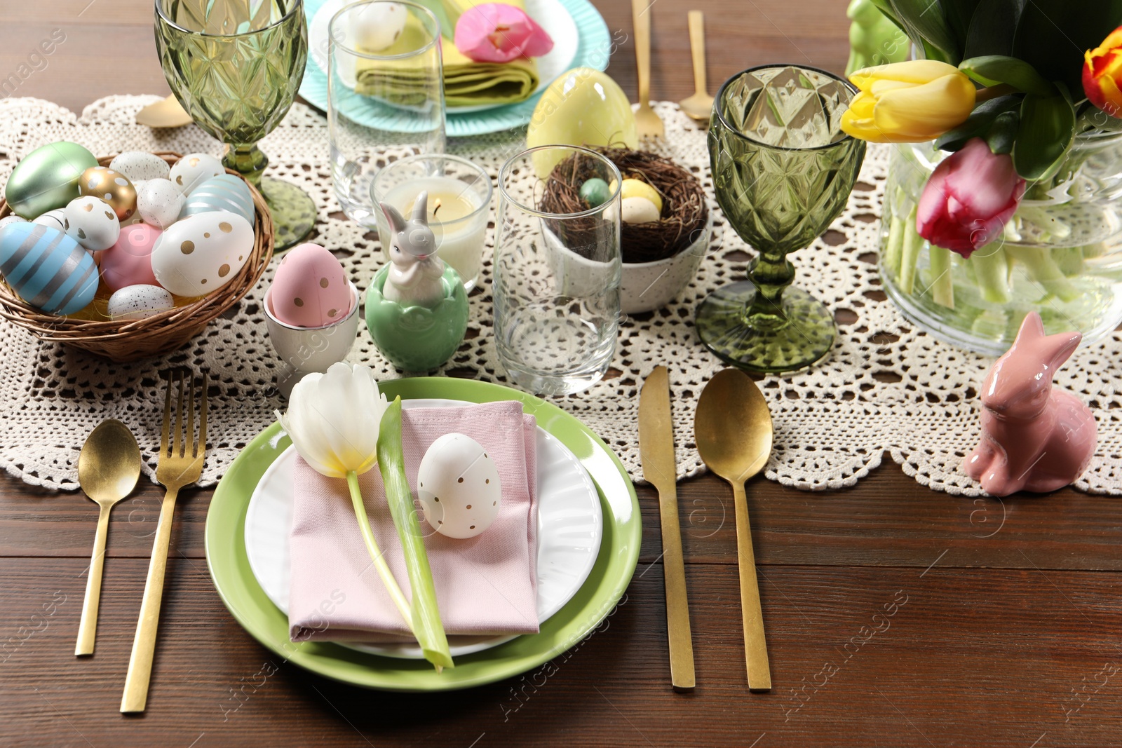 Photo of Festive table setting with beautiful flowers. Easter celebration