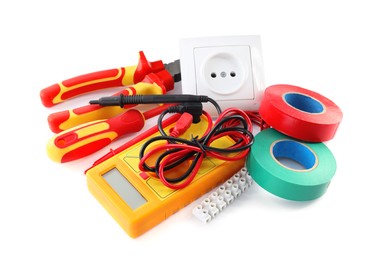 Set of electrician's tools and accessories on white background
