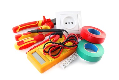 Photo of Set of electrician's tools and accessories on white background