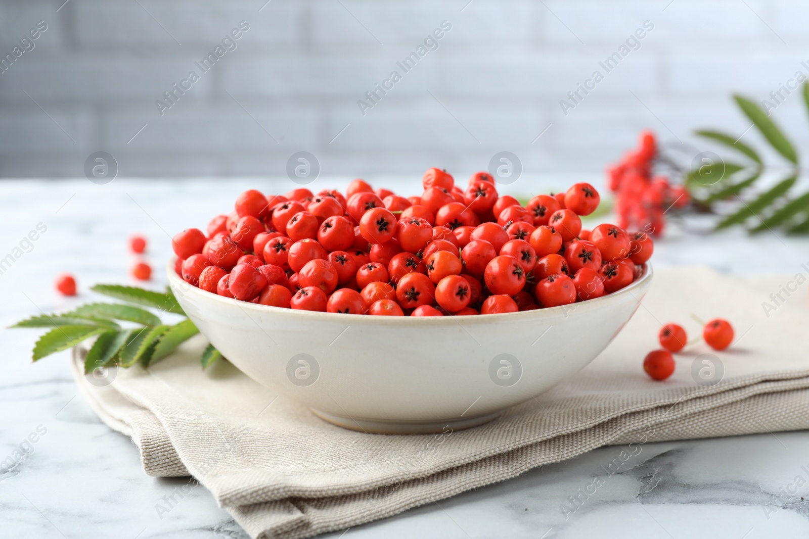 Photo of Fresh ripe rowan berries in bowl on white marble table