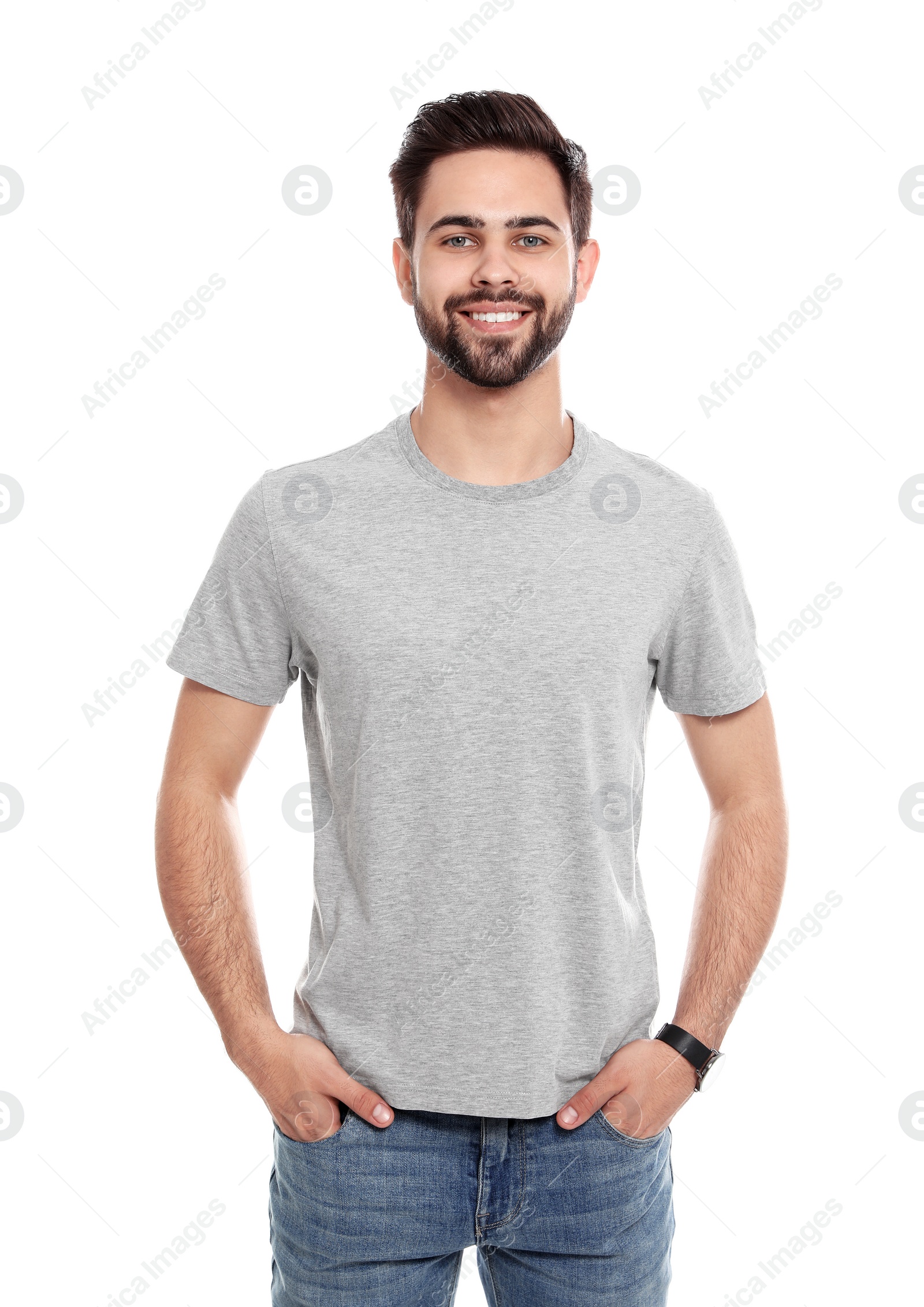 Photo of Young man in t-shirt on white background. Mock up for design