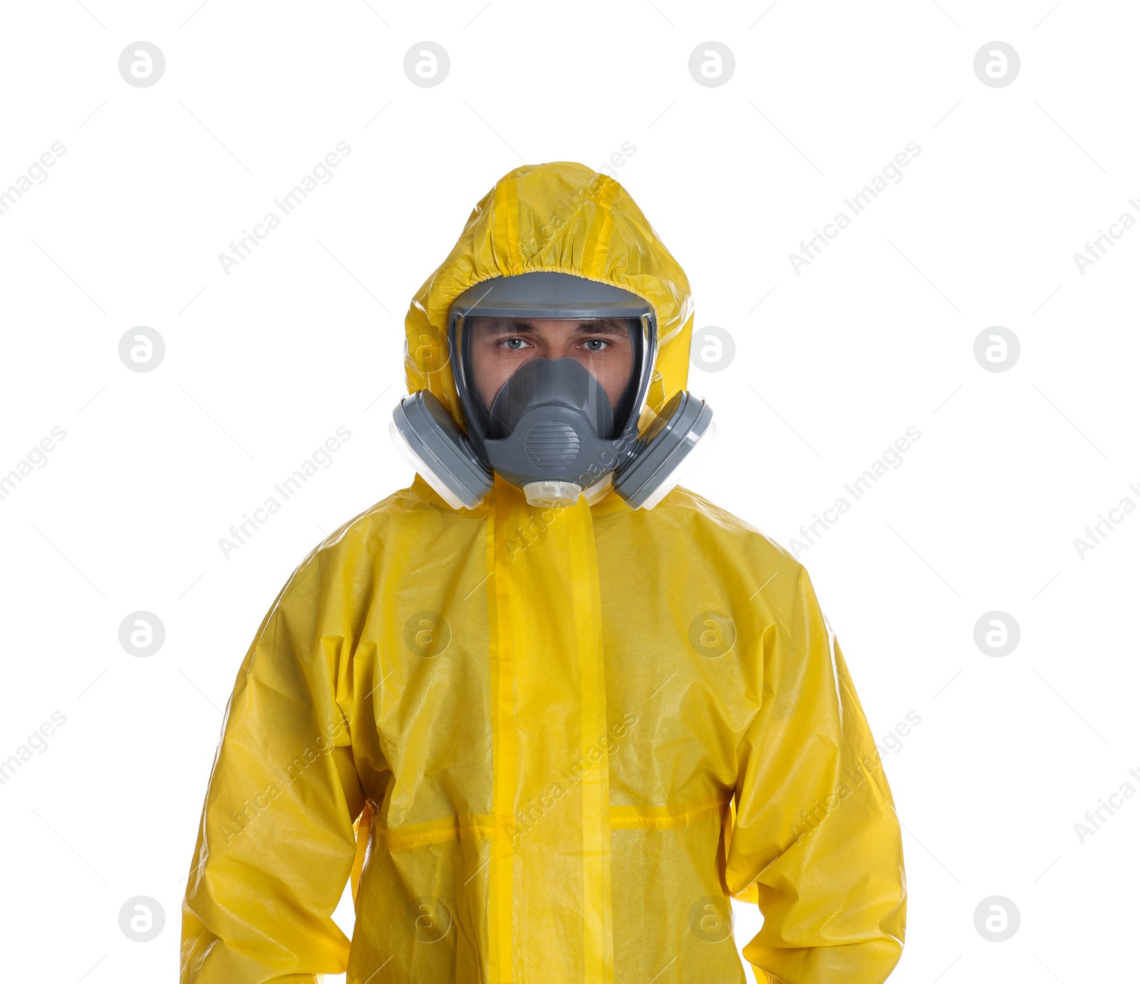 Photo of Man wearing chemical protective suit on white background. Prevention of virus spread