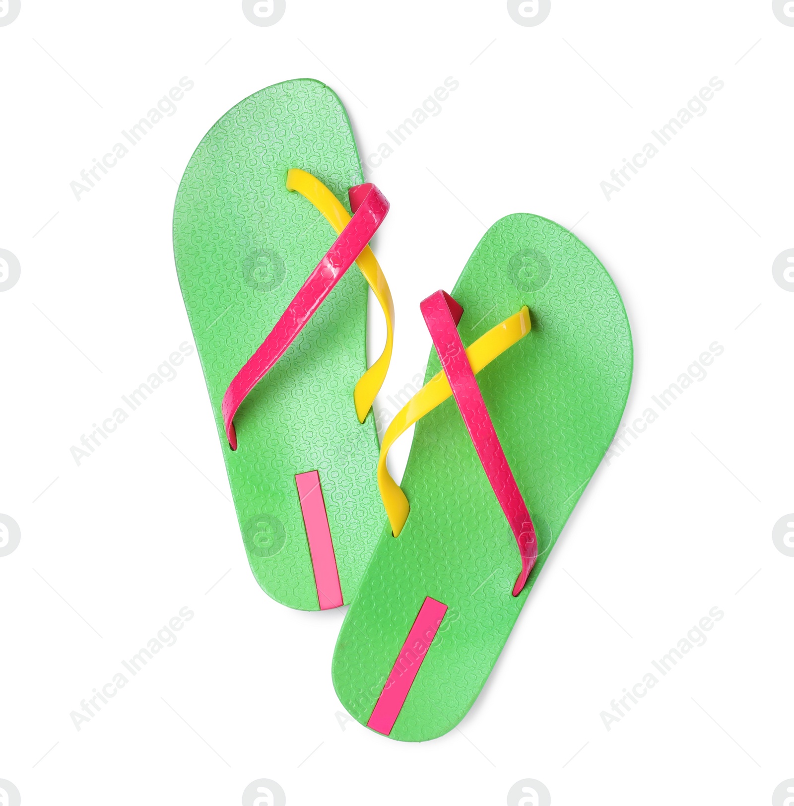 Photo of Pair of green flip flops isolated on white, top view