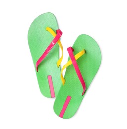 Photo of Pair of green flip flops isolated on white, top view