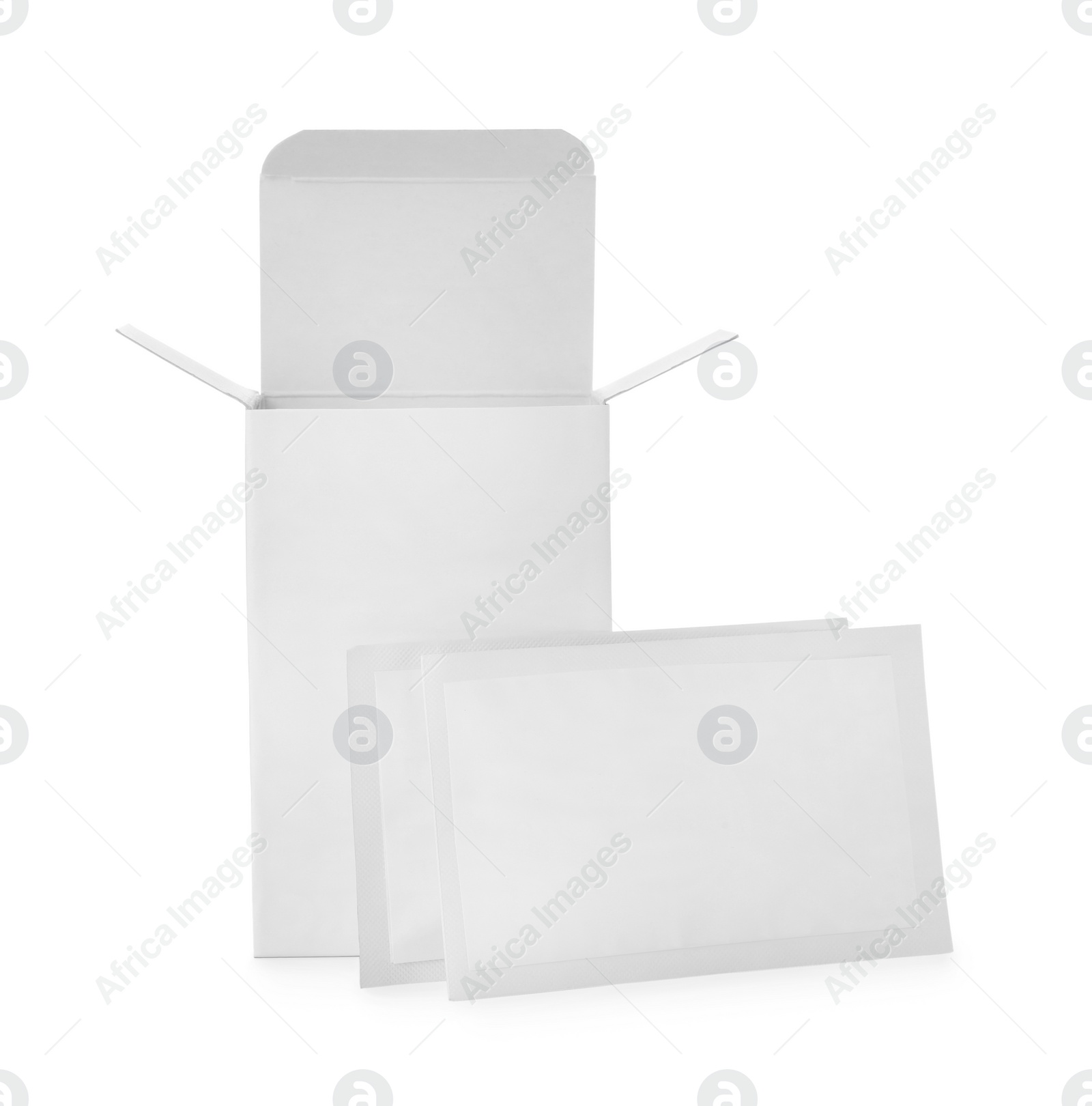 Photo of Medicine sachets and box on white background