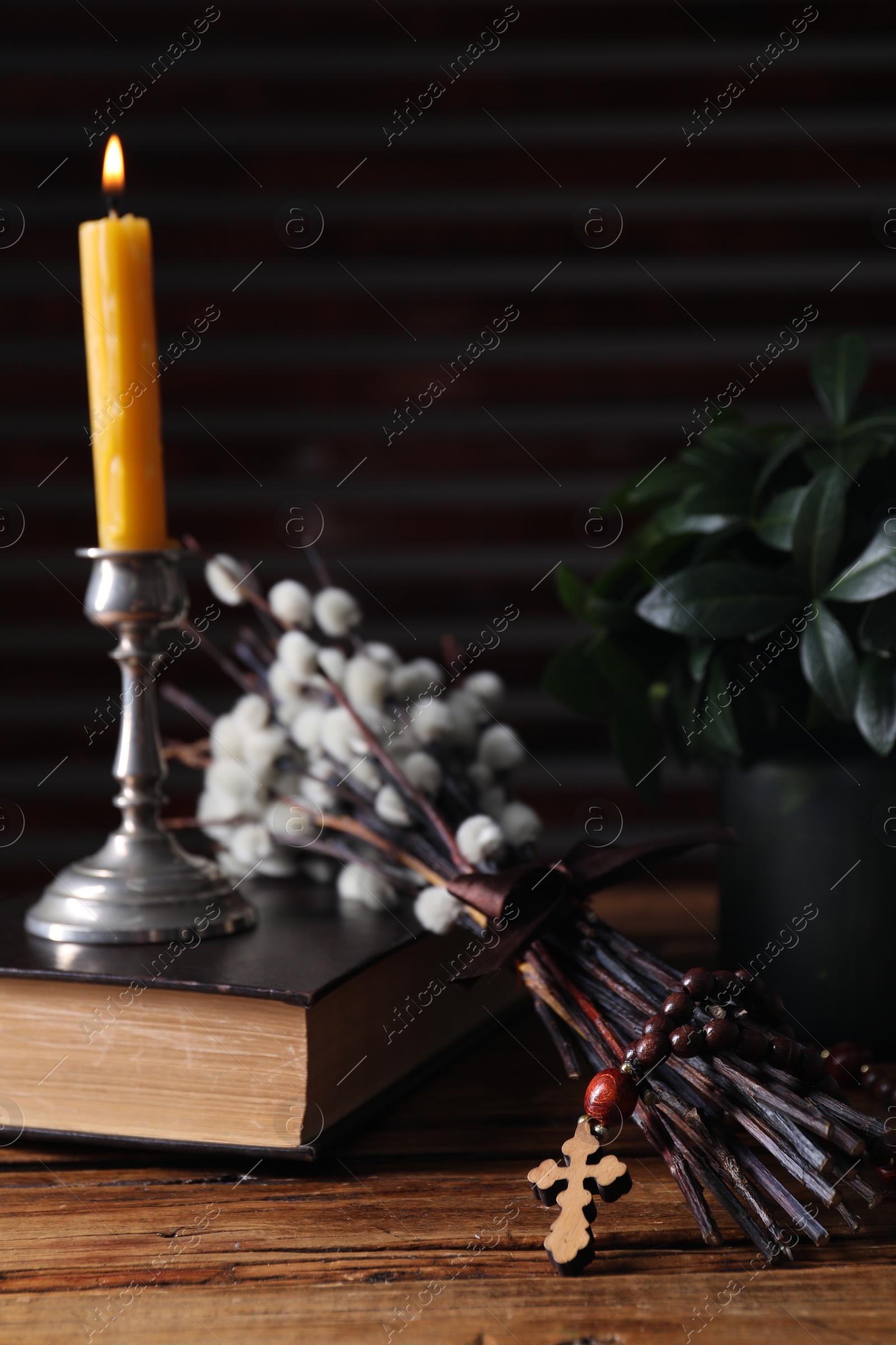 Photo of Rosary beads, Bible, burning candle and willow branches on wooden table, closeup