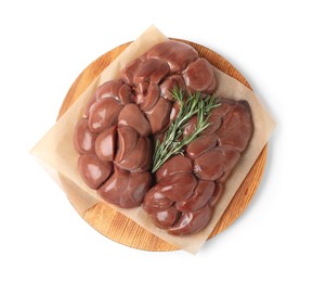 Photo of Fresh raw kidney meat with rosemary on white background, top view